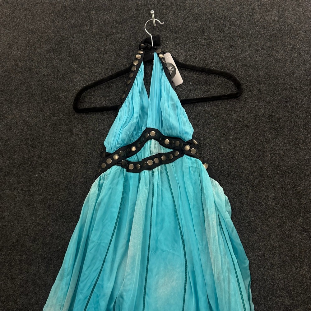 Vintage Bebe Halter Maxi Dress Turquoise Blue Studded Geometric Print Medium